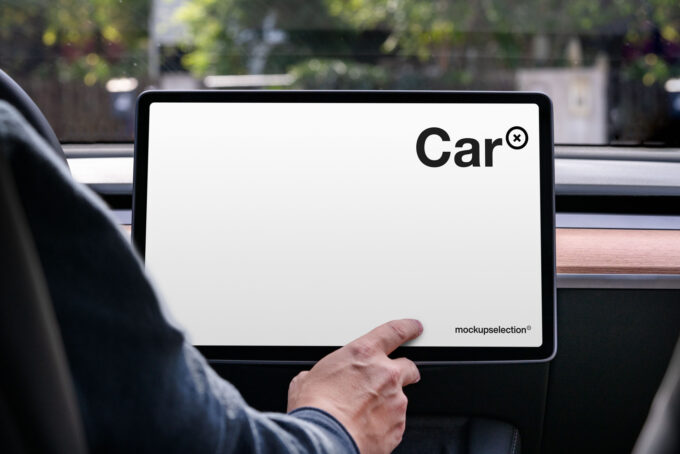 Tesla screen mockup with a hand interacting with the interface.